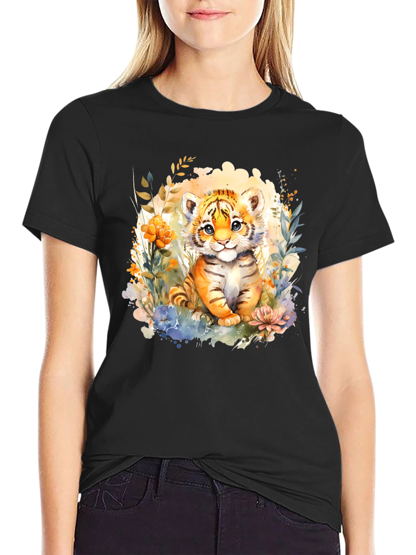 Cute Tiger Cub Floral Graphic T-Shirt