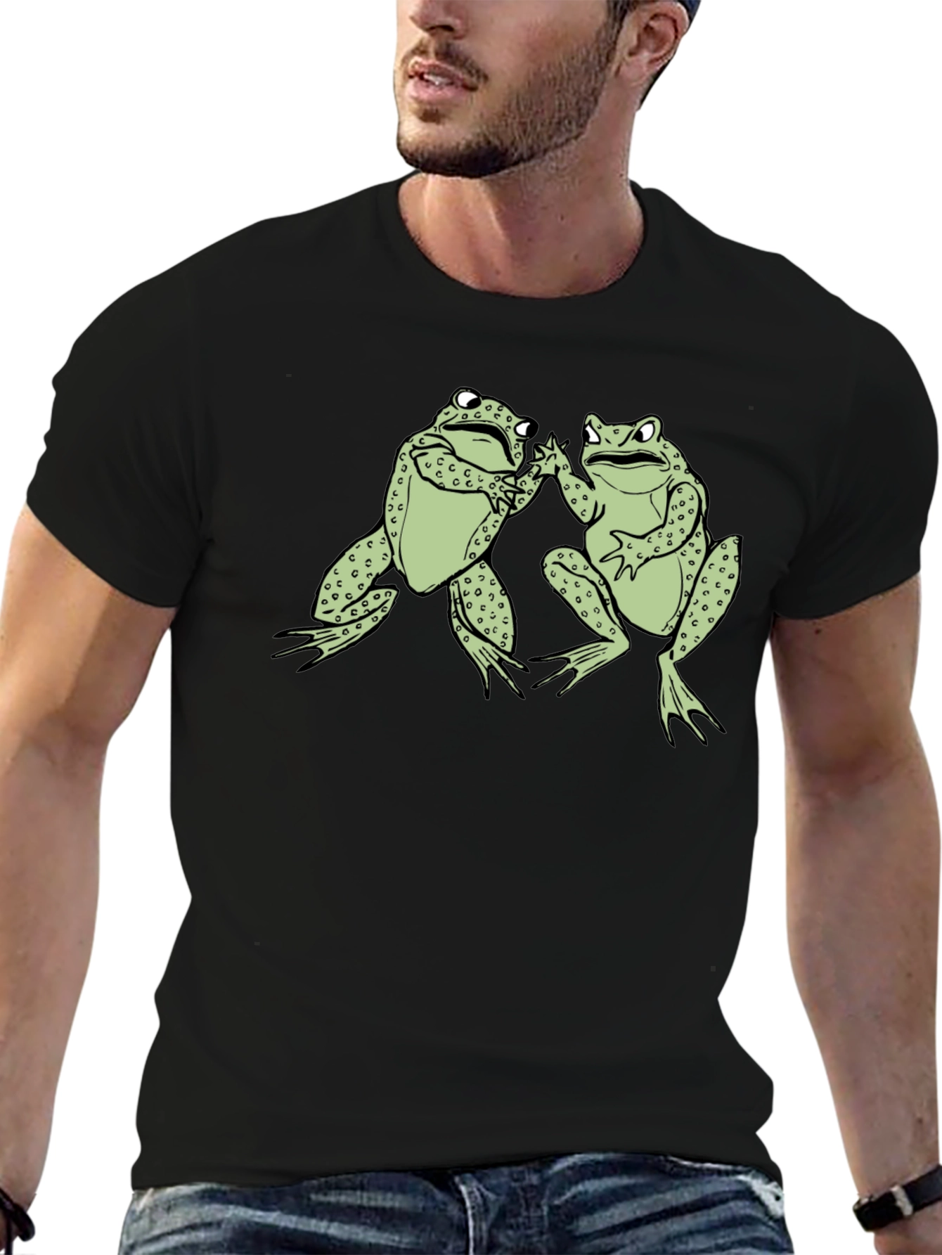 Funny Frog High Five Graphic Black T-Shirt