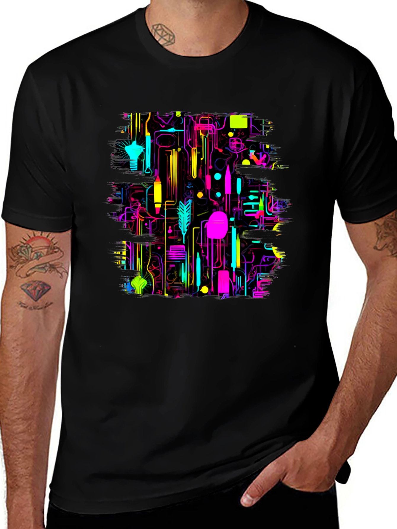 Neon Circuit Board Graphic Black T-Shirt