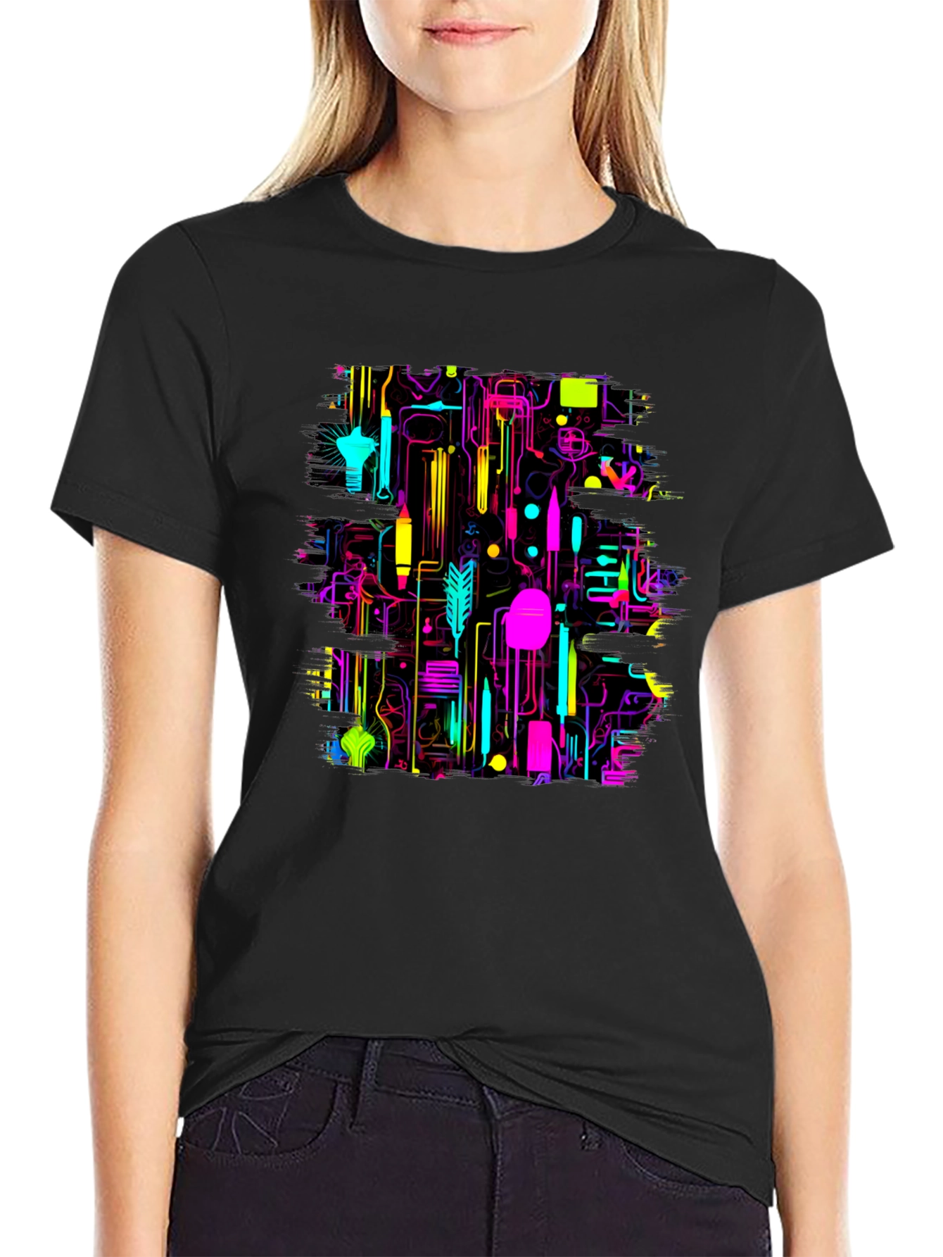 Neon Circuit Board Graphic Black T-Shirt