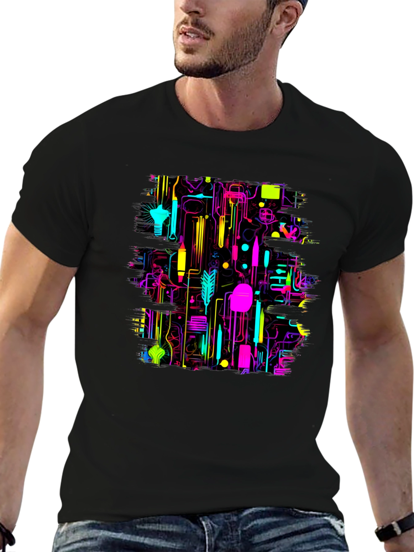 Neon Circuit Board Graphic Black T-Shirt