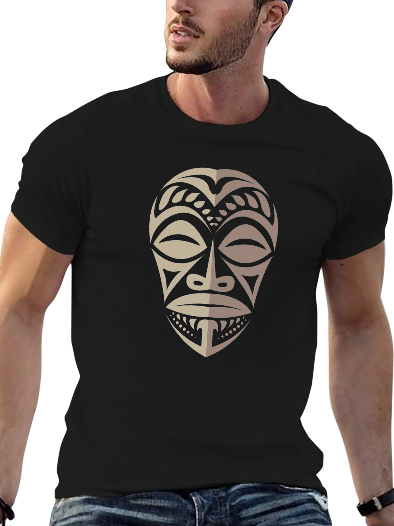 Tribal Mask Graphic Tee - Stylish Mens Black T-Shirt