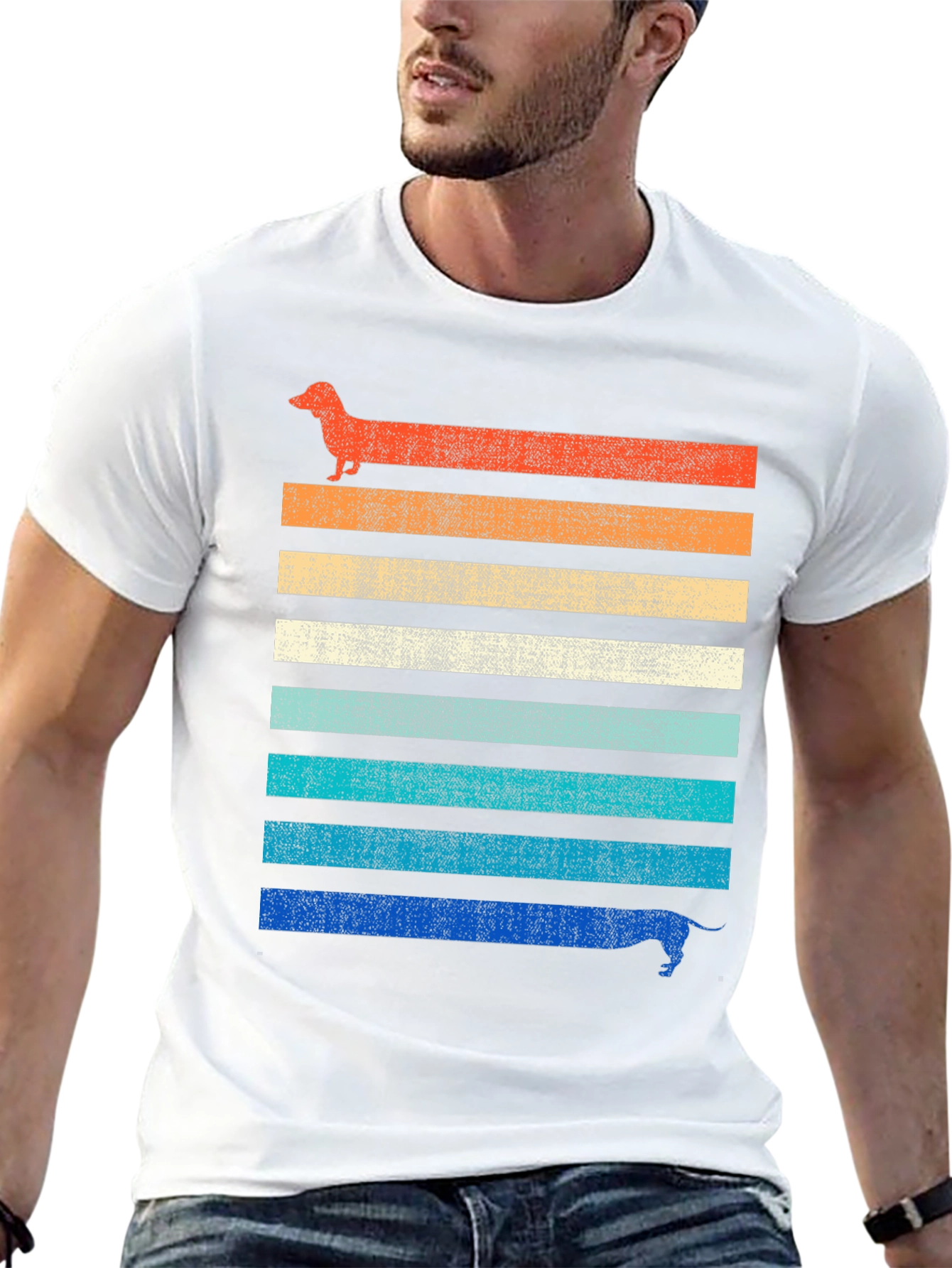 Retro Dachshund Striped Graphic Tee