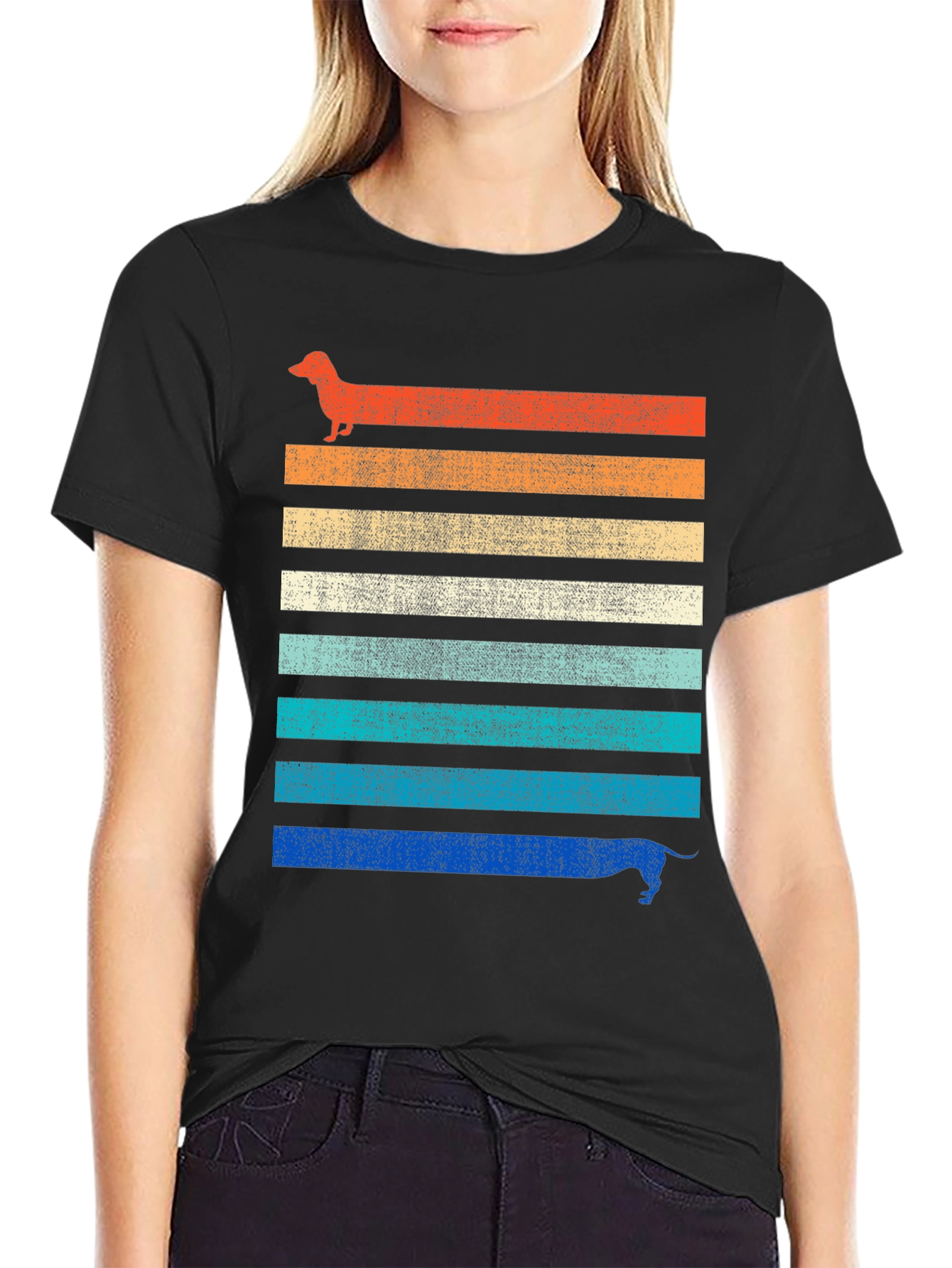 Retro Dachshund Striped Graphic Tee