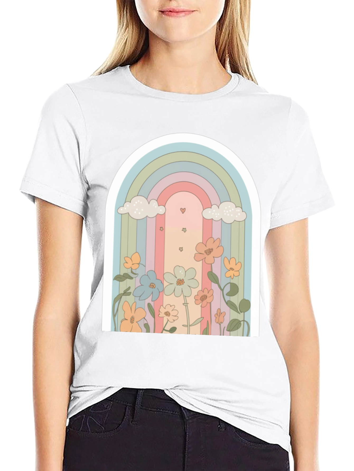 Retro Rainbow Floral T-Shirt - Soft Black Cotton