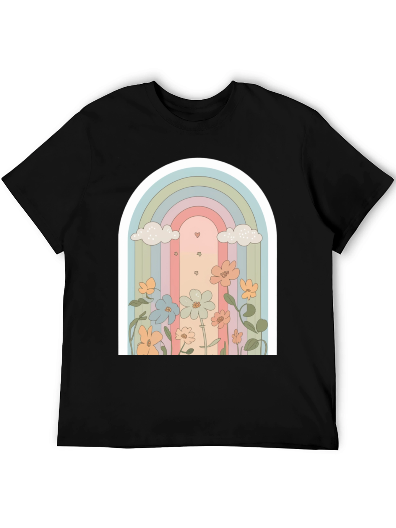 Retro Rainbow Floral T-Shirt - Soft Black Cotton