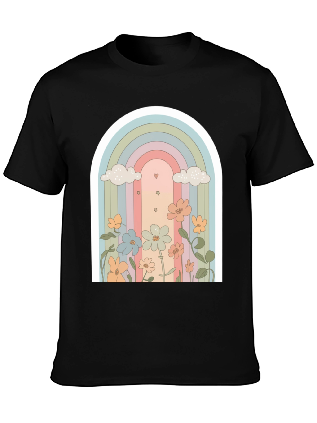 Retro Rainbow Floral T-Shirt - Soft Black Cotton