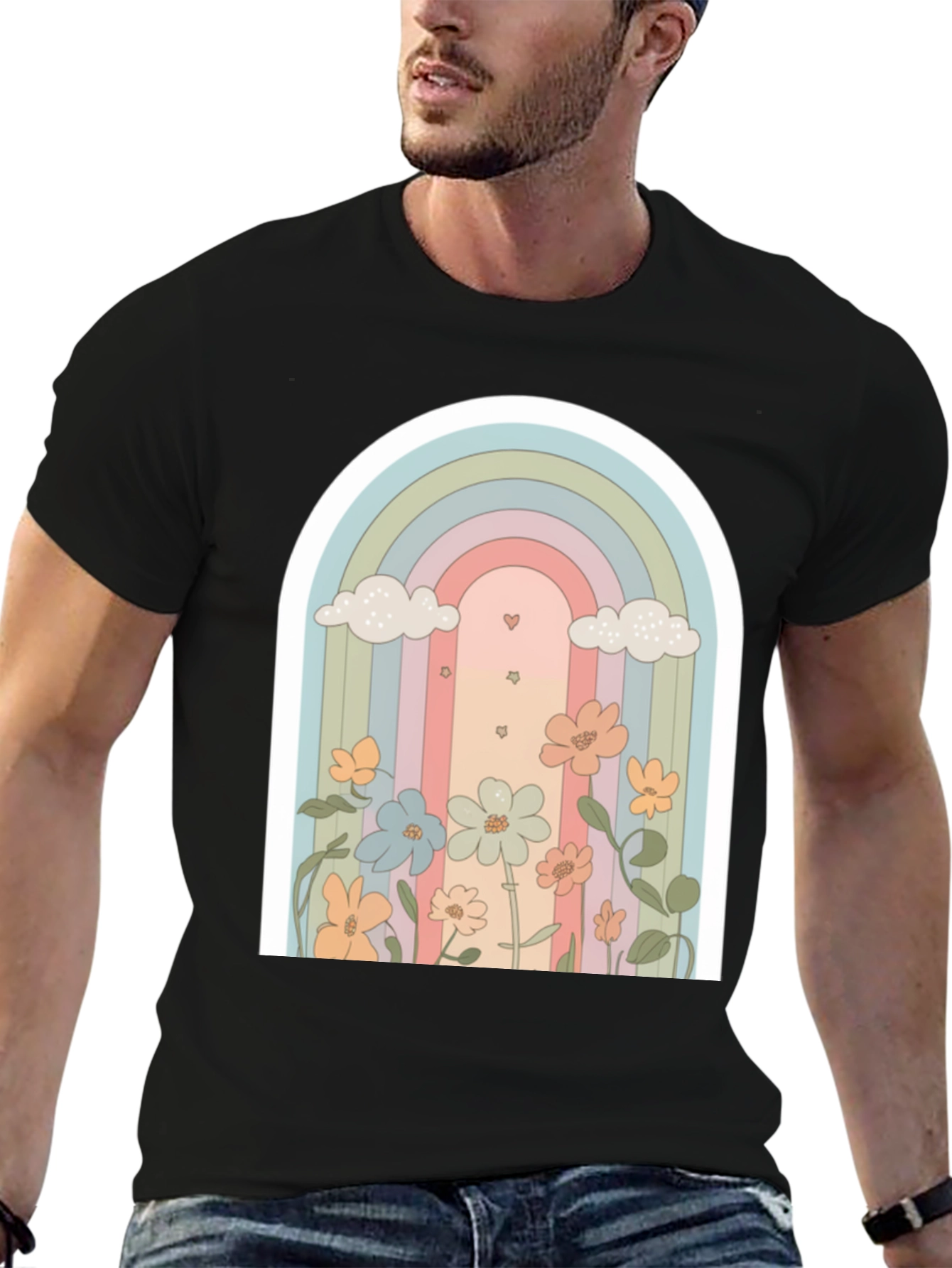 Retro Rainbow Floral T-Shirt - Soft Black Cotton