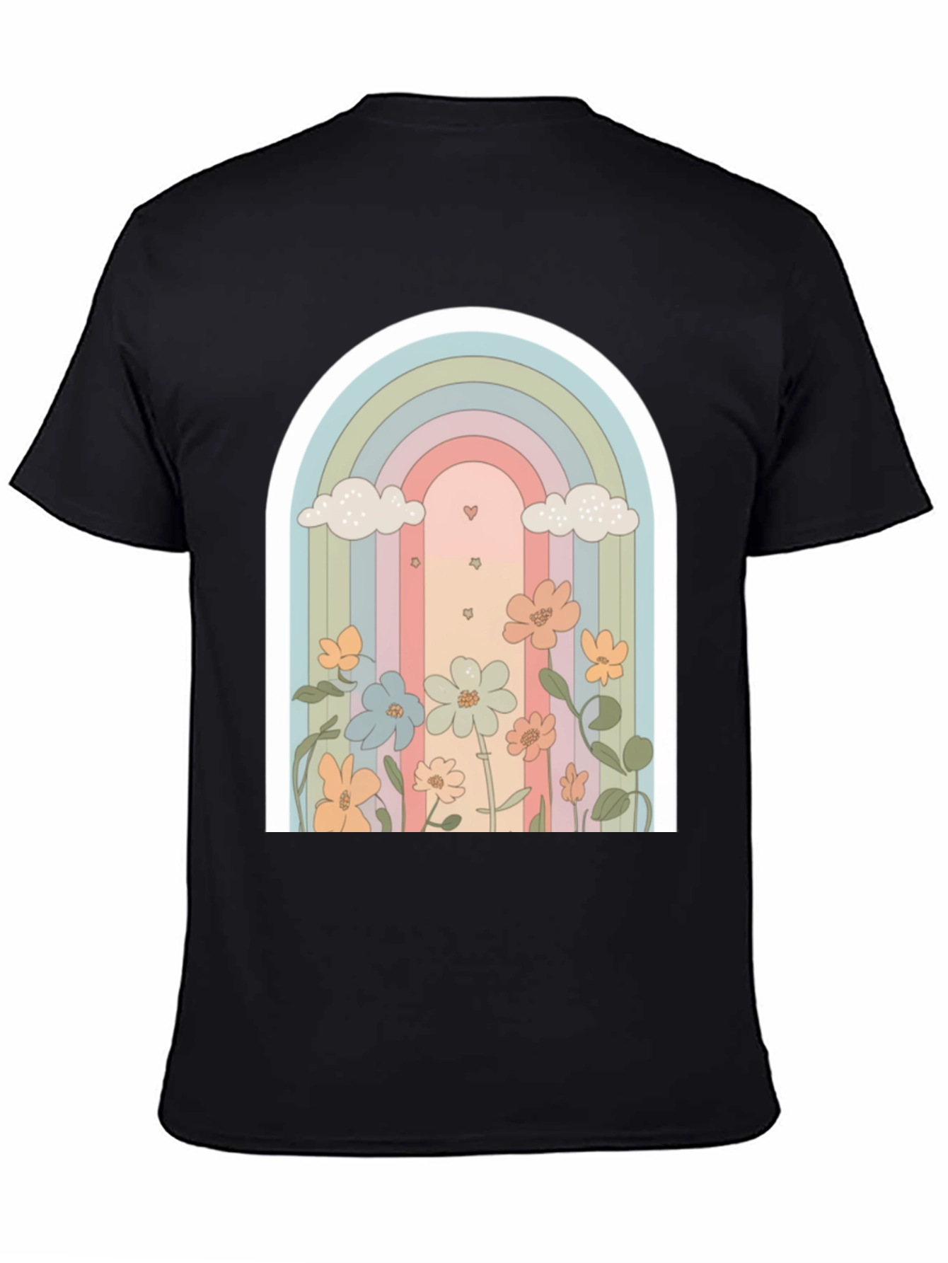 Retro Rainbow Floral T-Shirt - Soft Black Cotton
