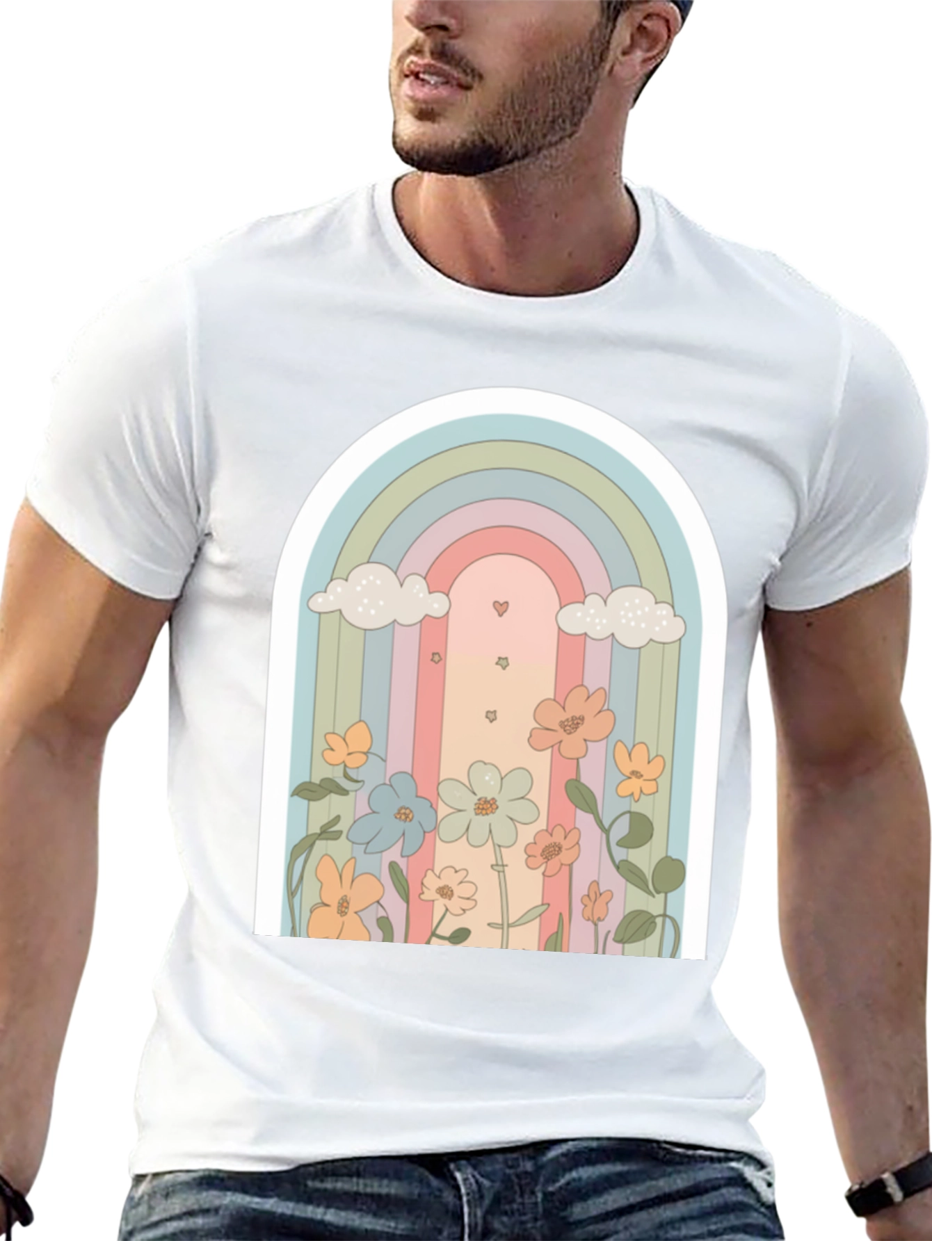 Retro Rainbow Floral T-Shirt - Soft Black Cotton