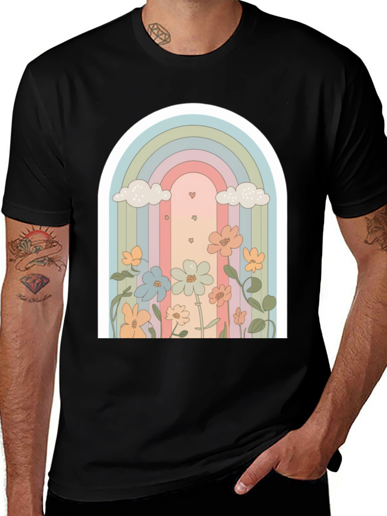 Retro Rainbow Floral T-Shirt - Soft Black Cotton