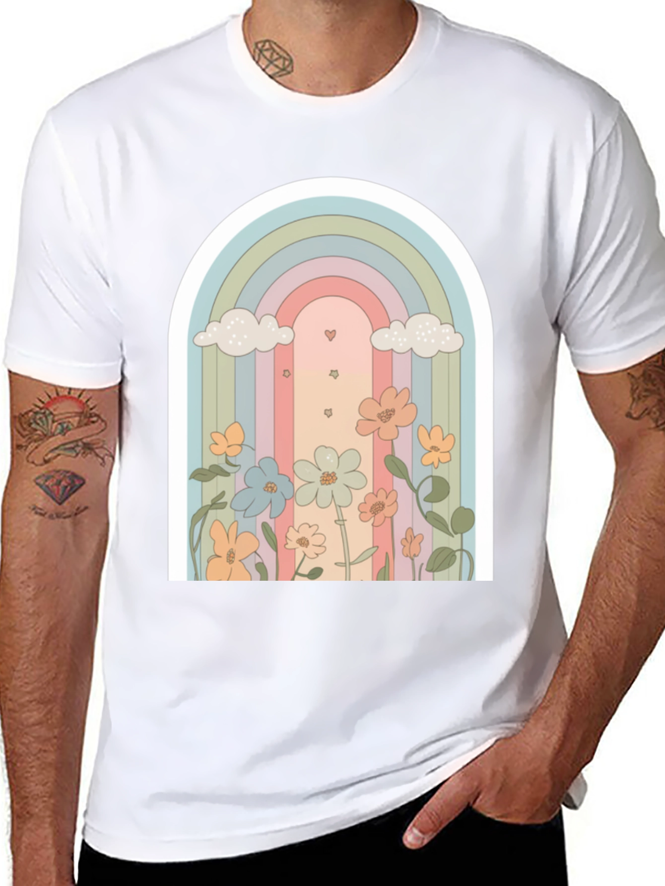 Retro Rainbow Floral T-Shirt - Soft Black Cotton