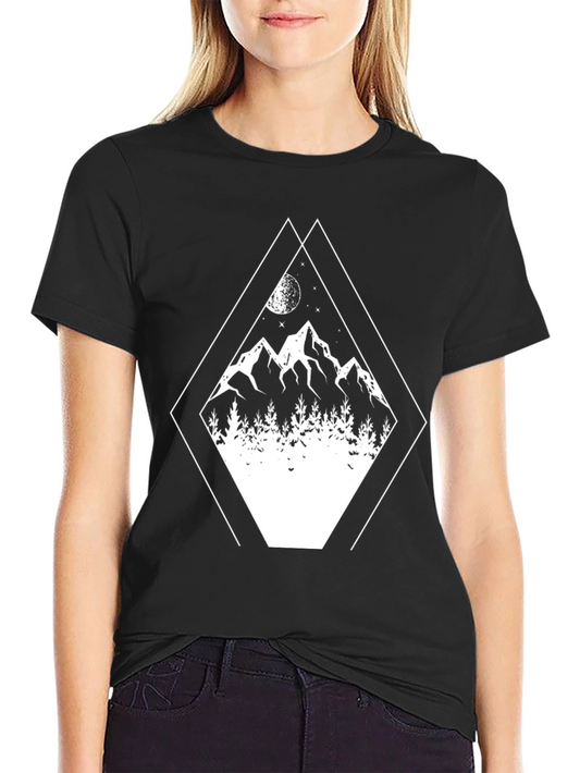 Geometric Mountain Scene Graphic Tee - Black Cotton Blend
