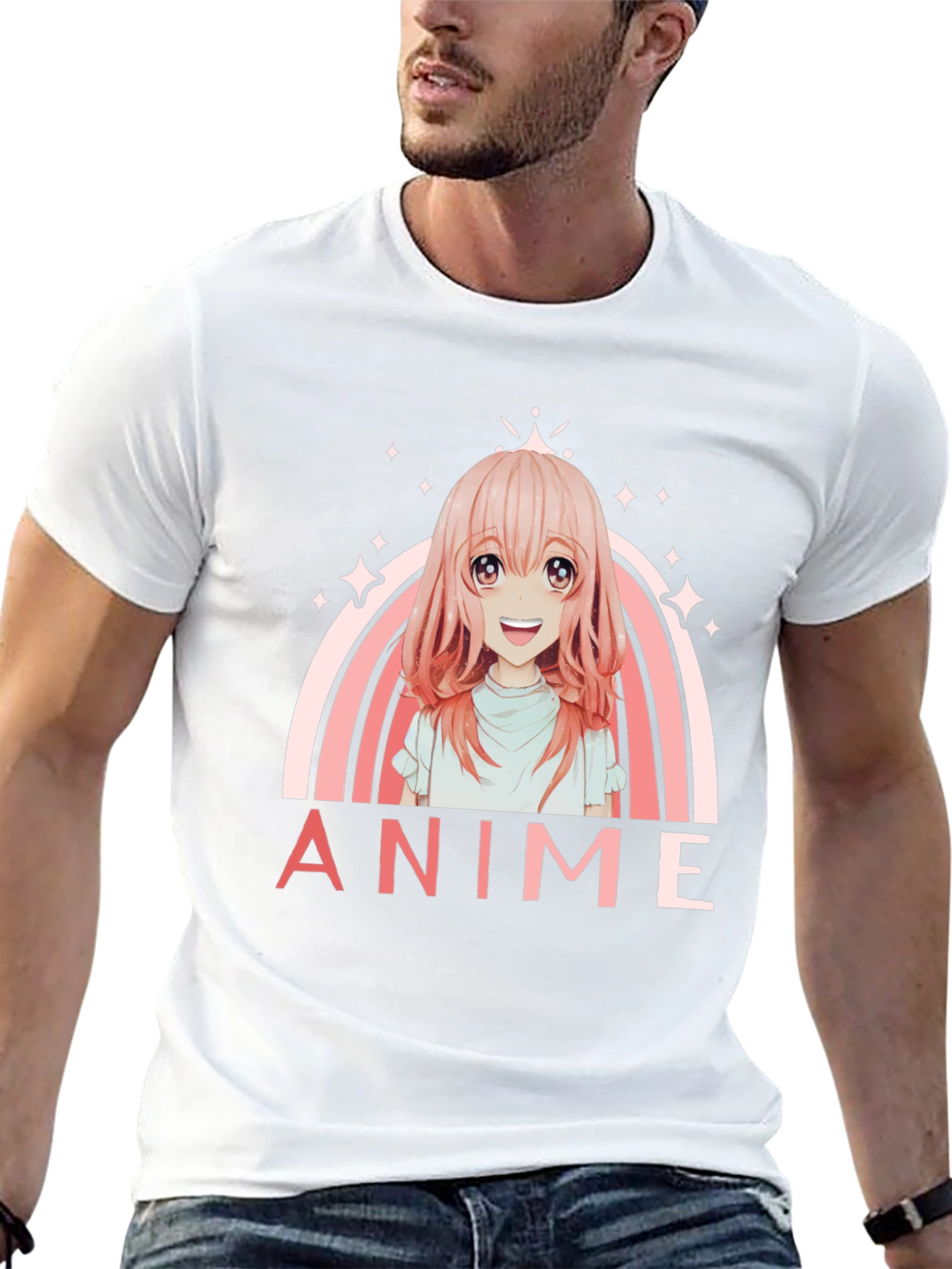 Anime Girl Rainbow Graphic Black T-Shirt