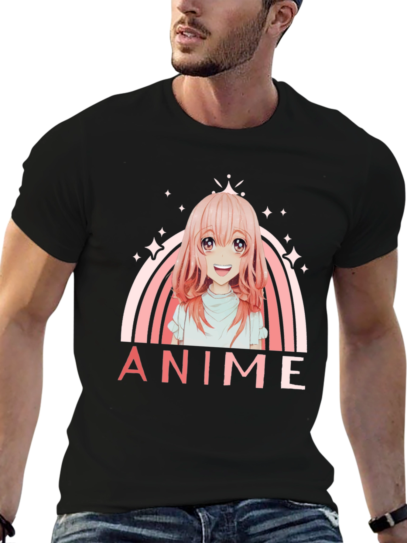 Anime Girl Rainbow Graphic Black T-Shirt
