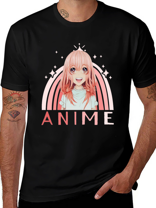 Anime Girl Rainbow Graphic Black T-Shirt