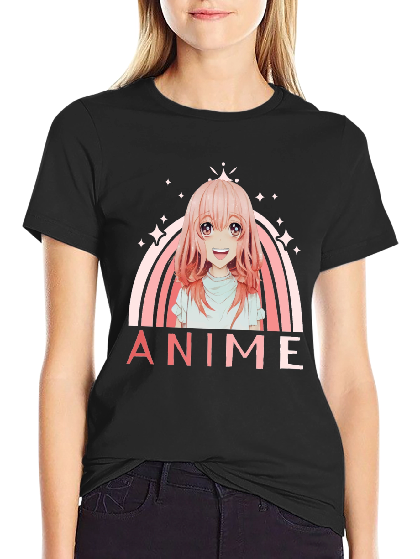 Anime Girl Rainbow Graphic Black T-Shirt