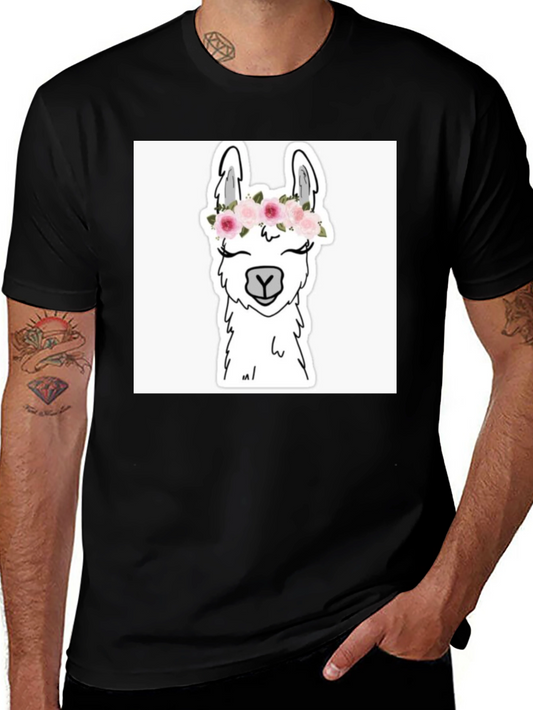 Llama with Flowers Black T-Shirt