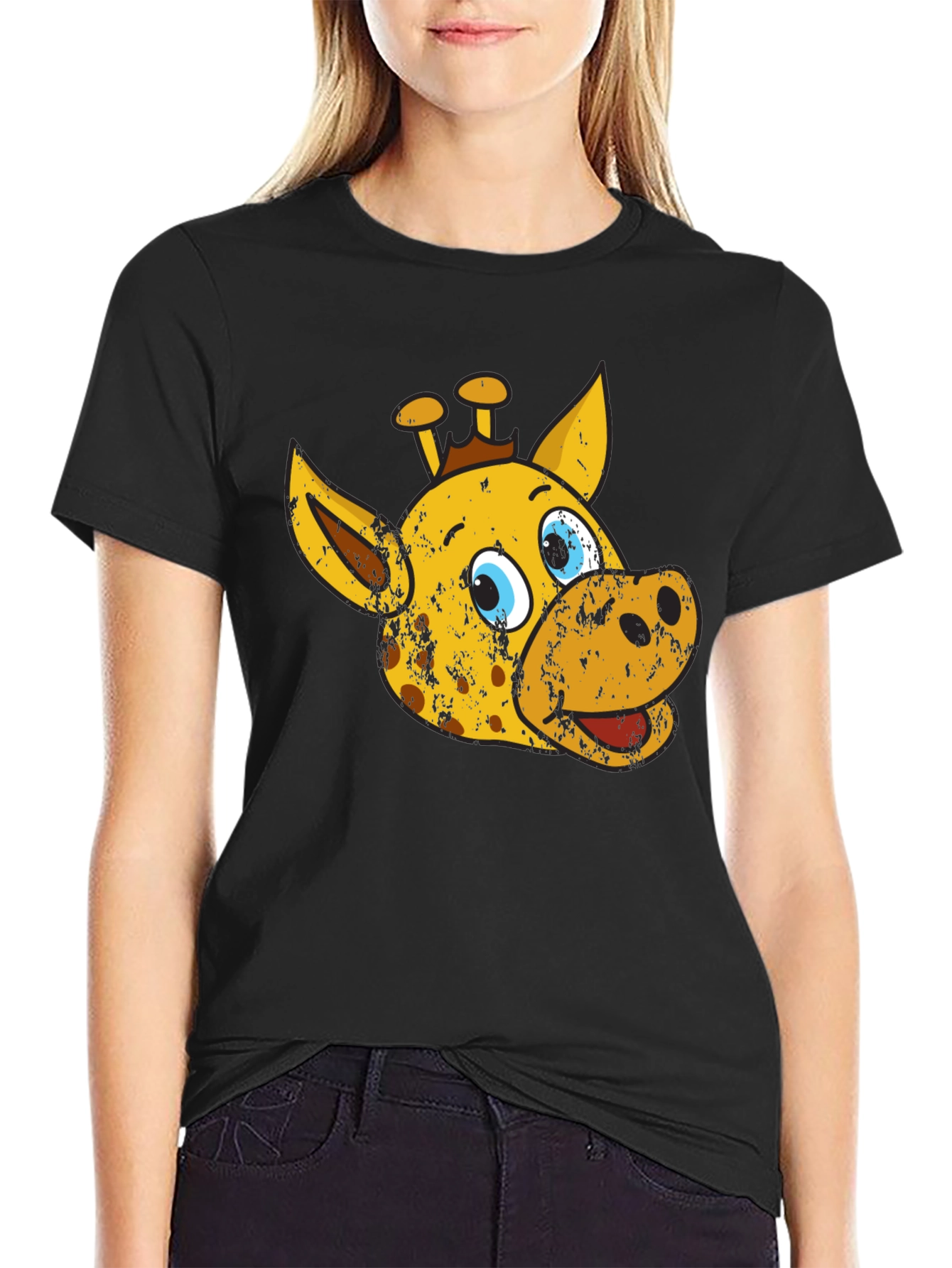 Cartoon Giraffe Graphic Tee - Black Casual T-Shirt