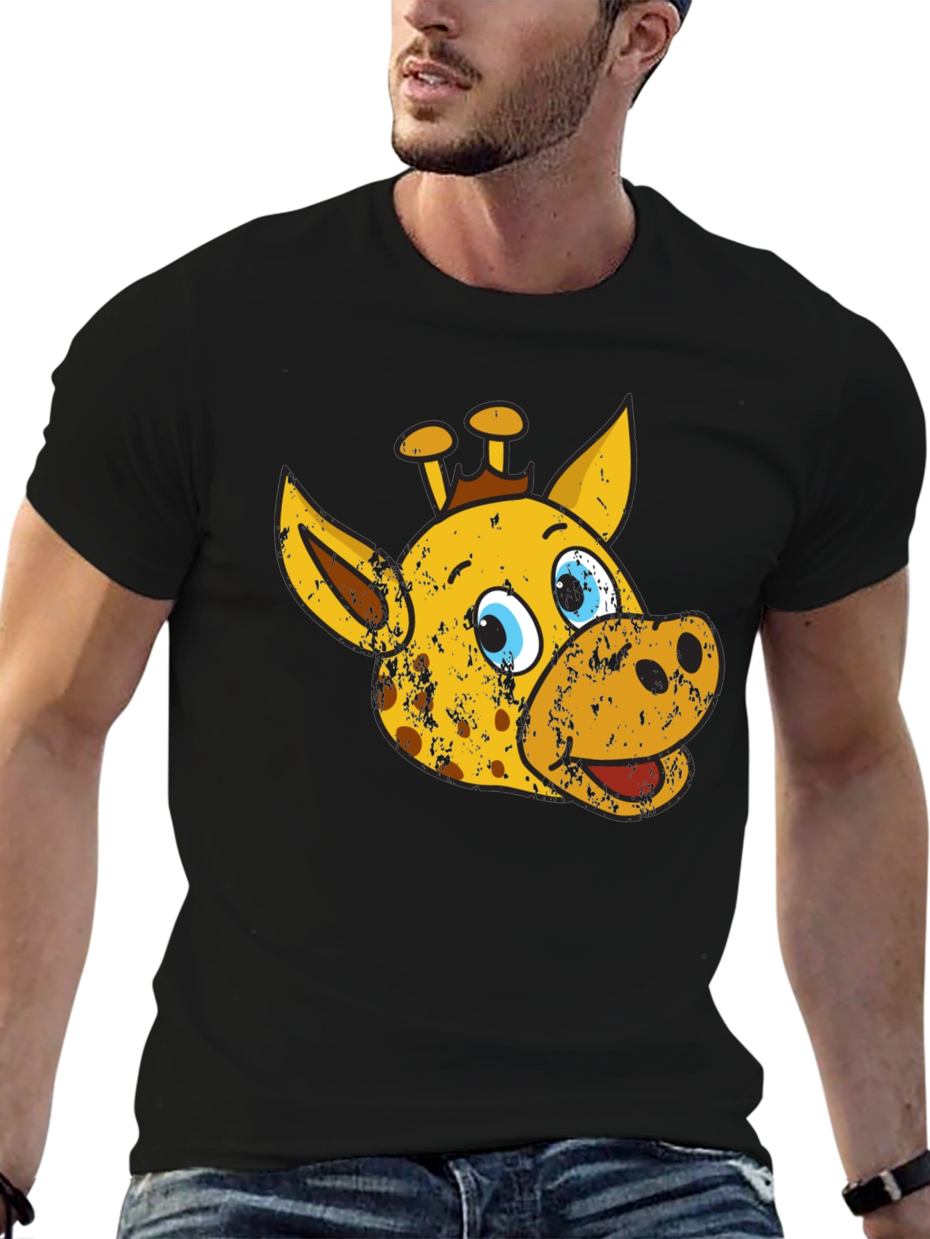 Cartoon Giraffe Graphic Tee - Black Casual T-Shirt