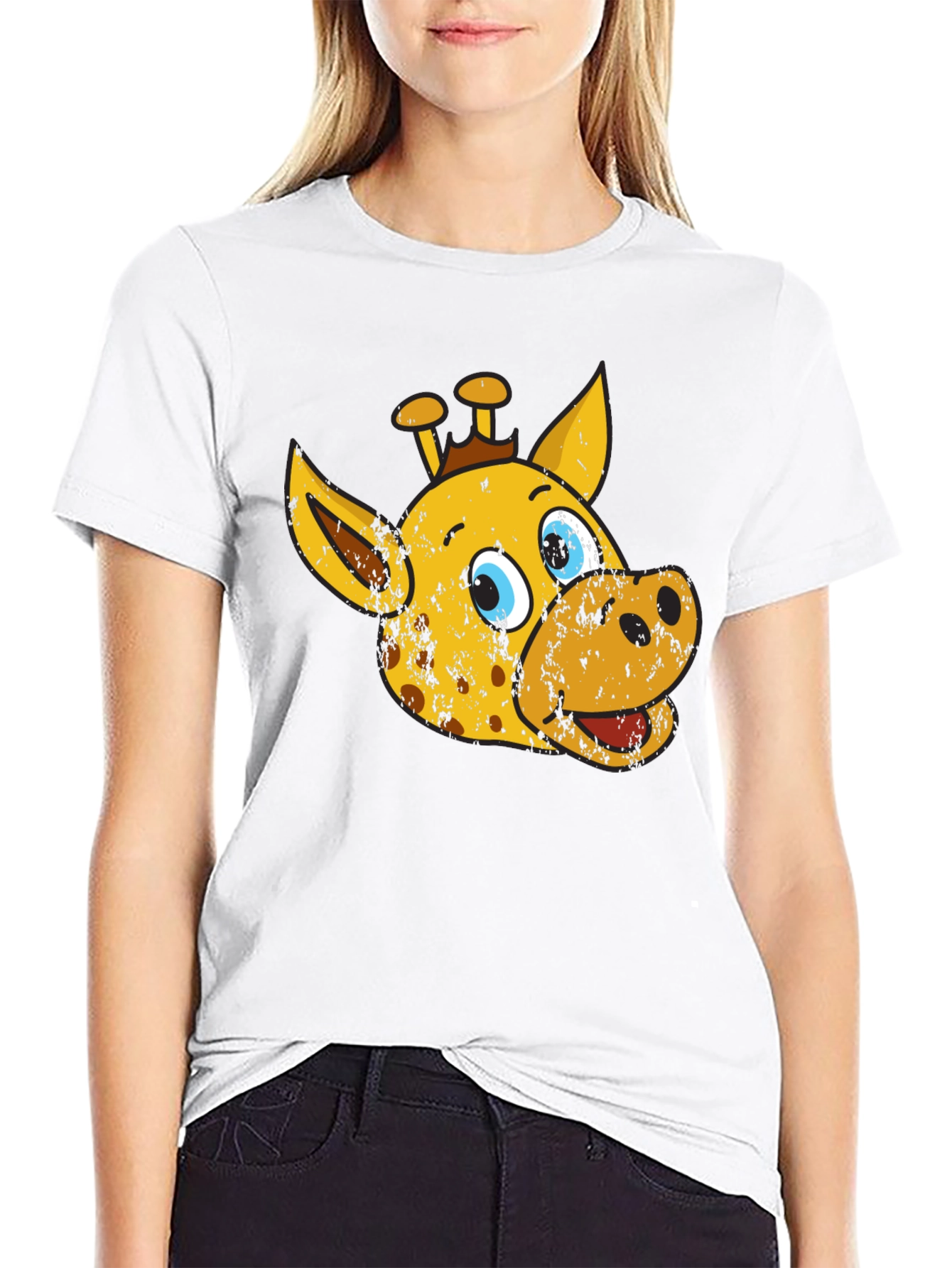 Cartoon Giraffe Graphic Tee - Black Casual T-Shirt
