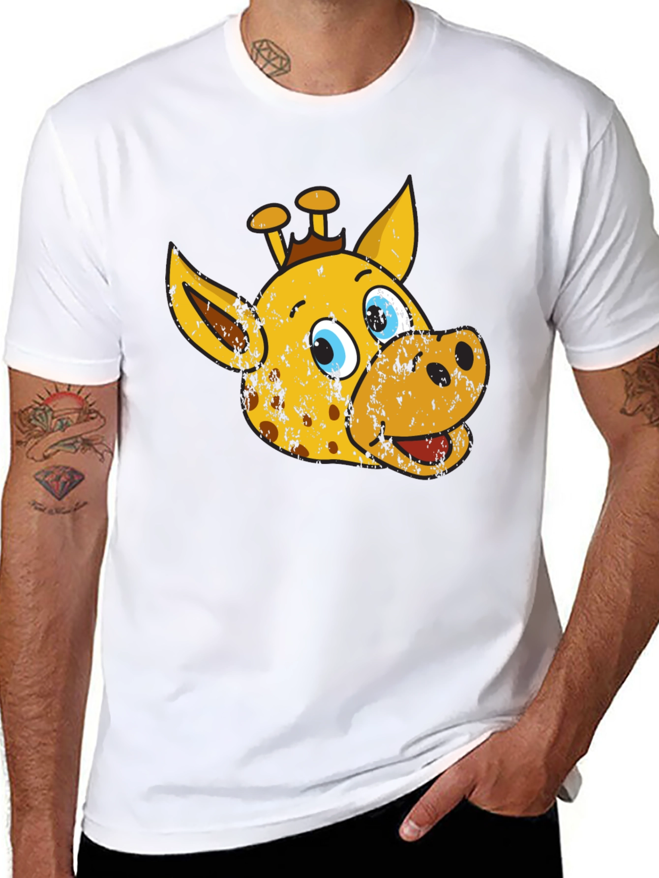 Cartoon Giraffe Graphic Tee - Black Casual T-Shirt