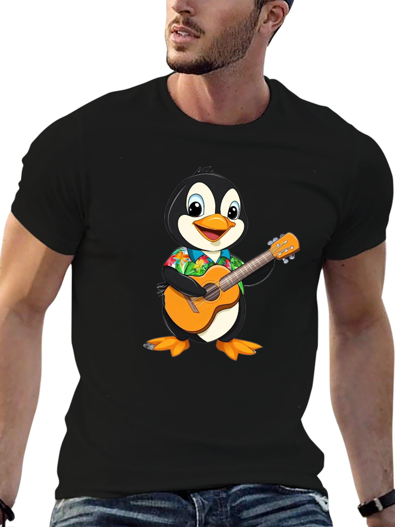 Penguin Guitar Hawaiian Shirt Graphic Tee