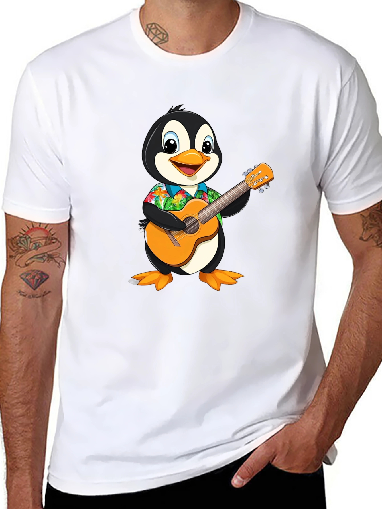 Penguin Guitar Hawaiian Shirt Graphic Tee