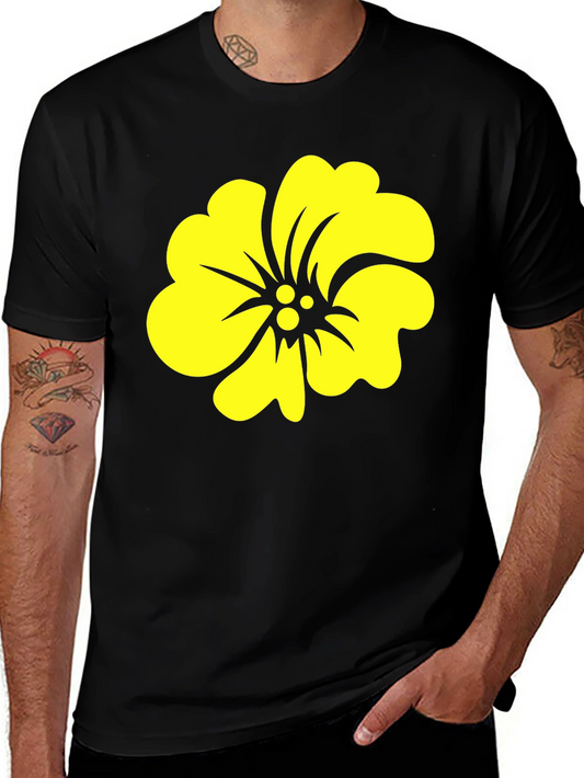 Black Tee with Yellow Hibiscus Flower Graphic