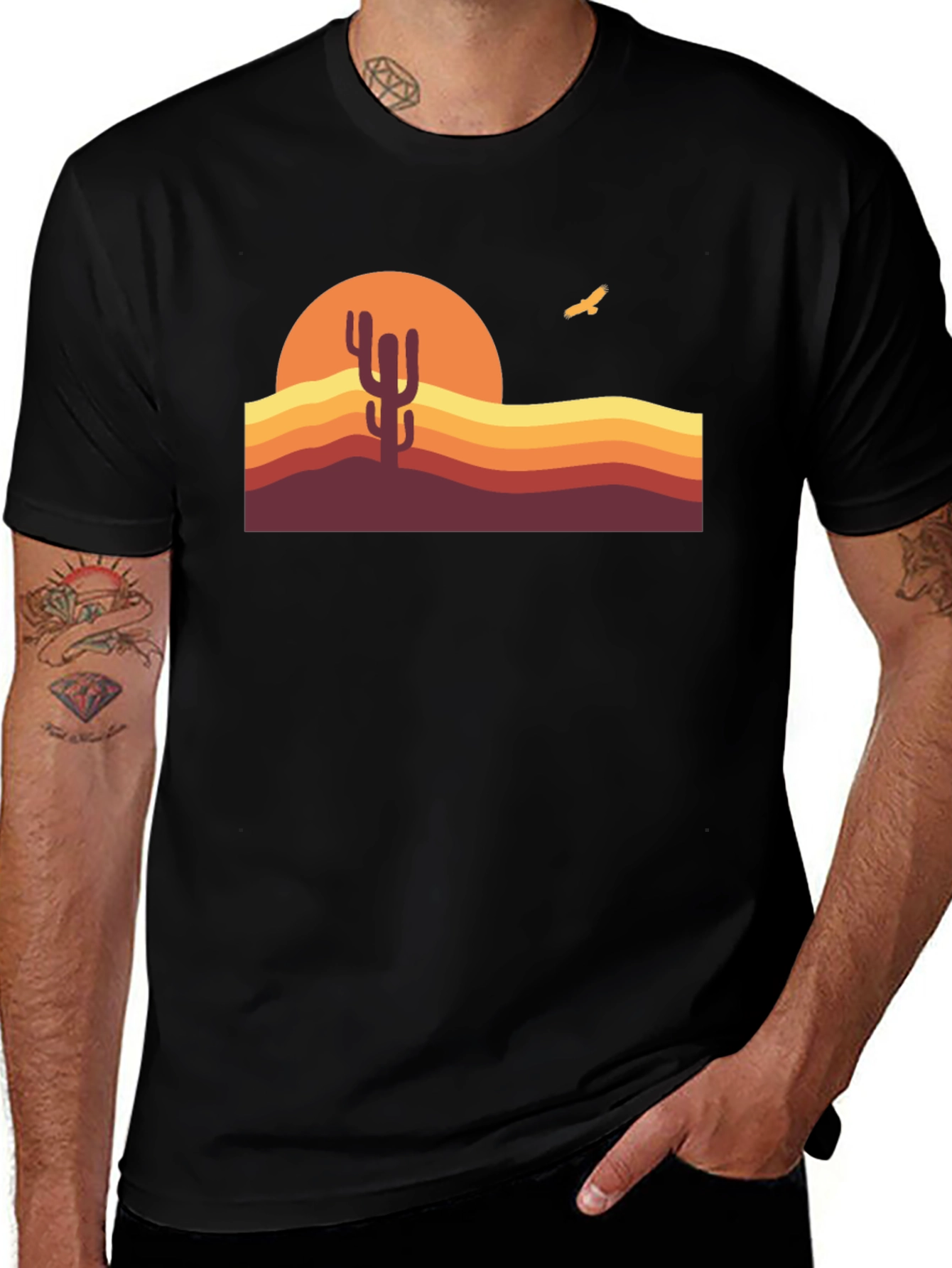 Retro Desert Sunset Cactus Graphic Tee - Black