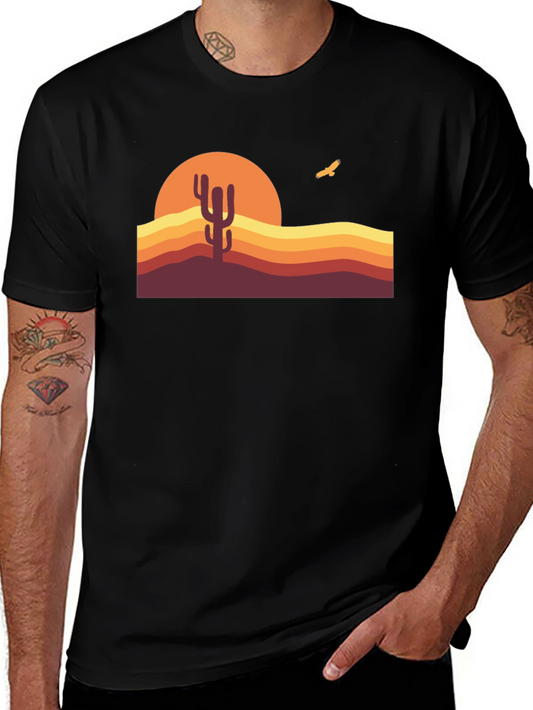 Retro Desert Sunset Cactus Graphic Tee - Black