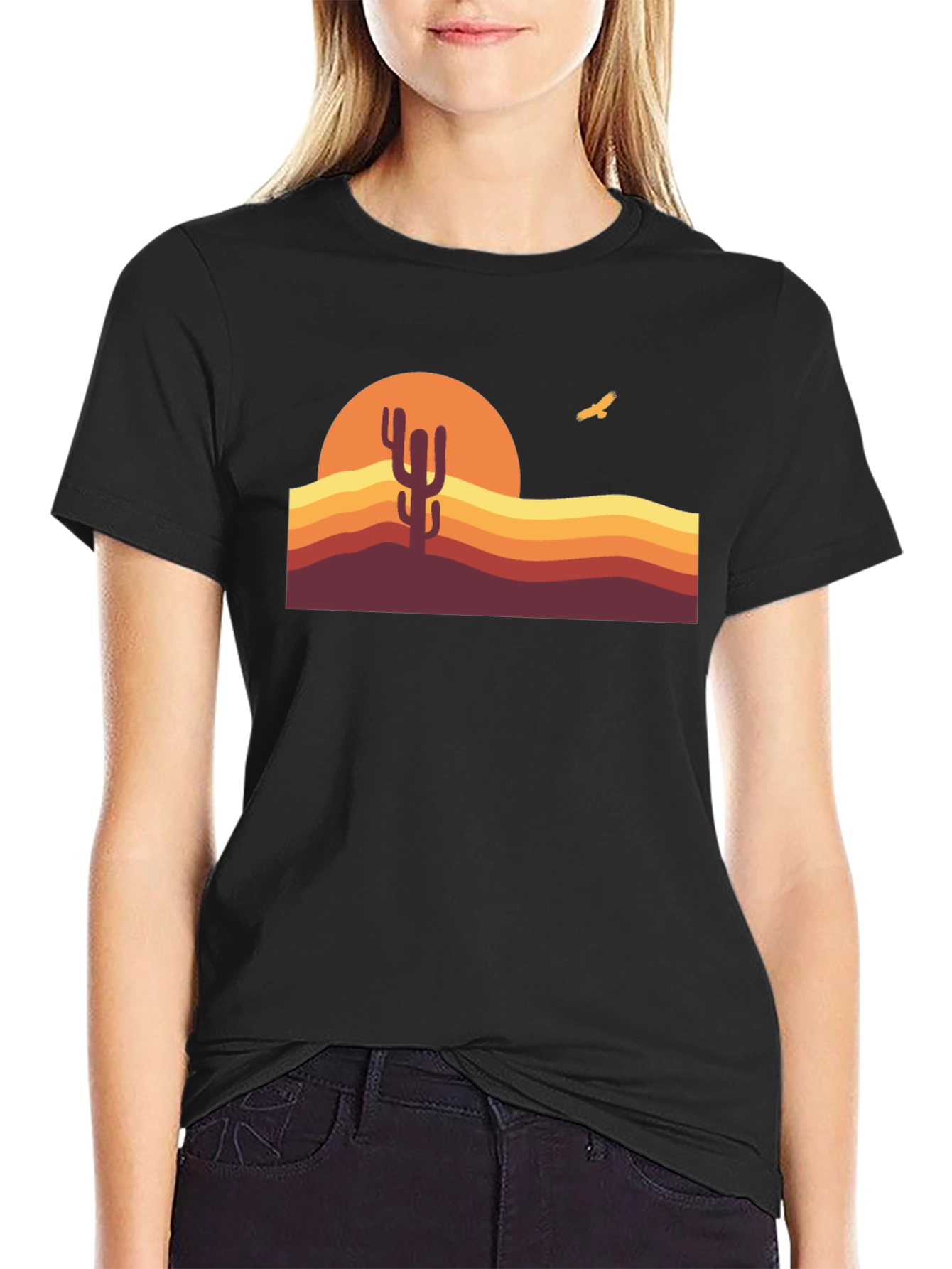 Retro Desert Sunset Cactus Graphic Tee - Black
