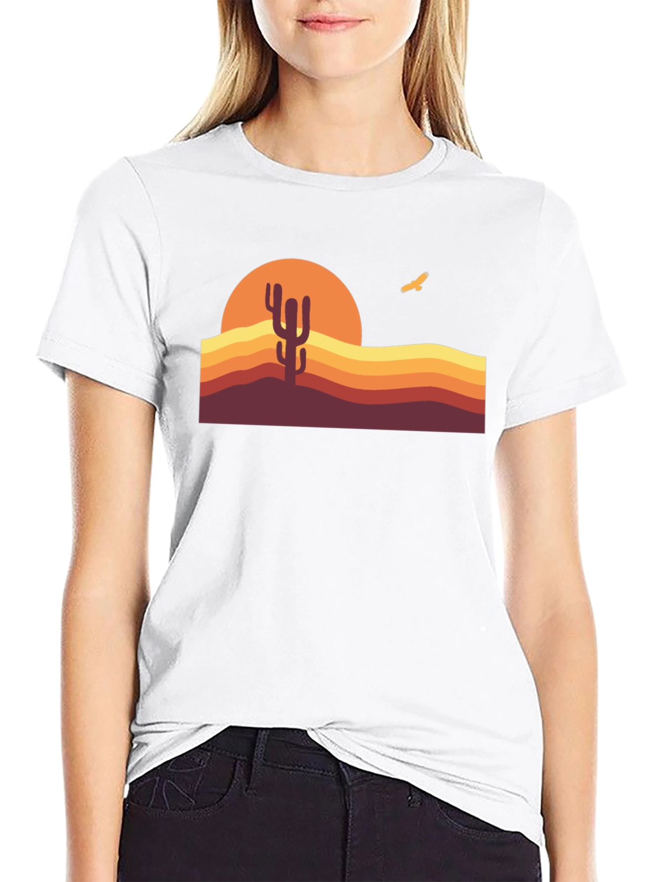 Retro Desert Sunset Cactus Graphic Tee - Black