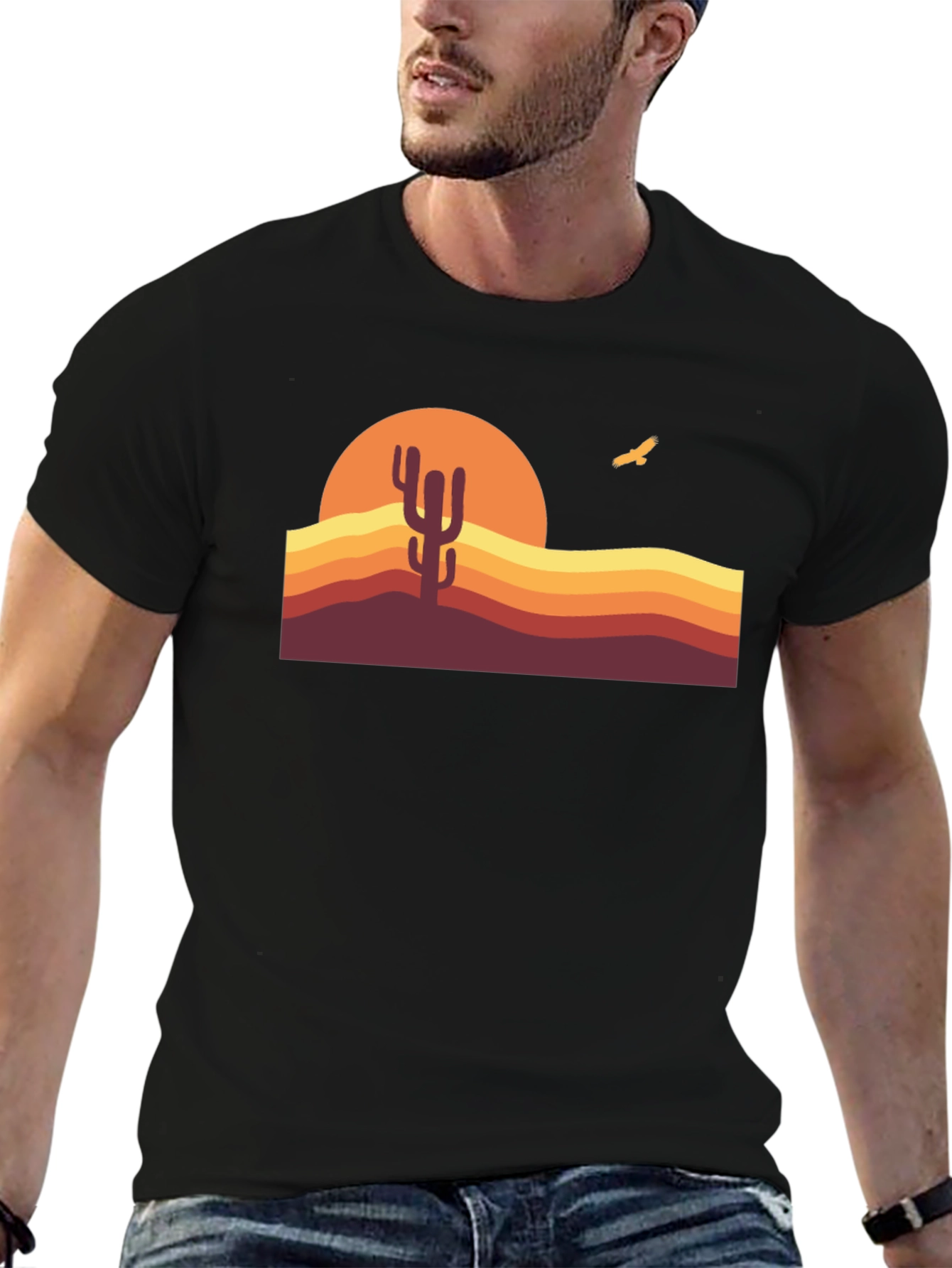 Retro Desert Sunset Cactus Graphic Tee - Black