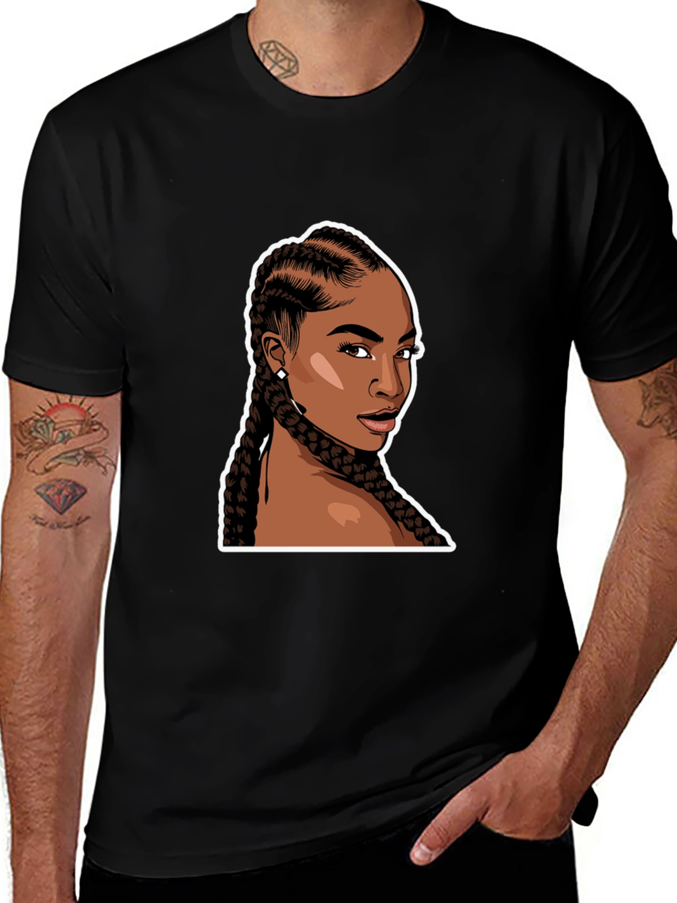 Black T-Shirt with Woman Braids Graphic