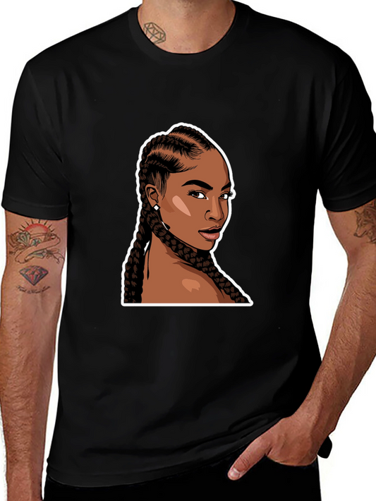 Black T-Shirt with Woman Braids Graphic