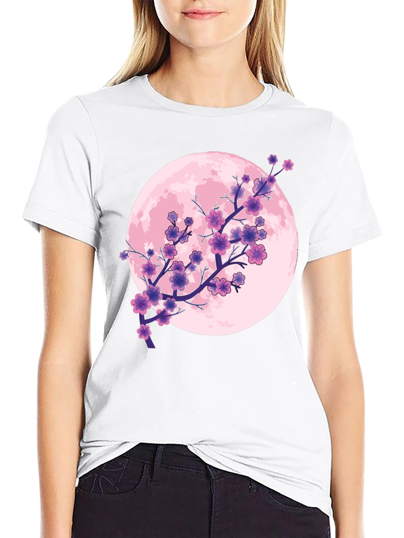Sakura Moon Graphic T-Shirt - Stylish Blossom Design
