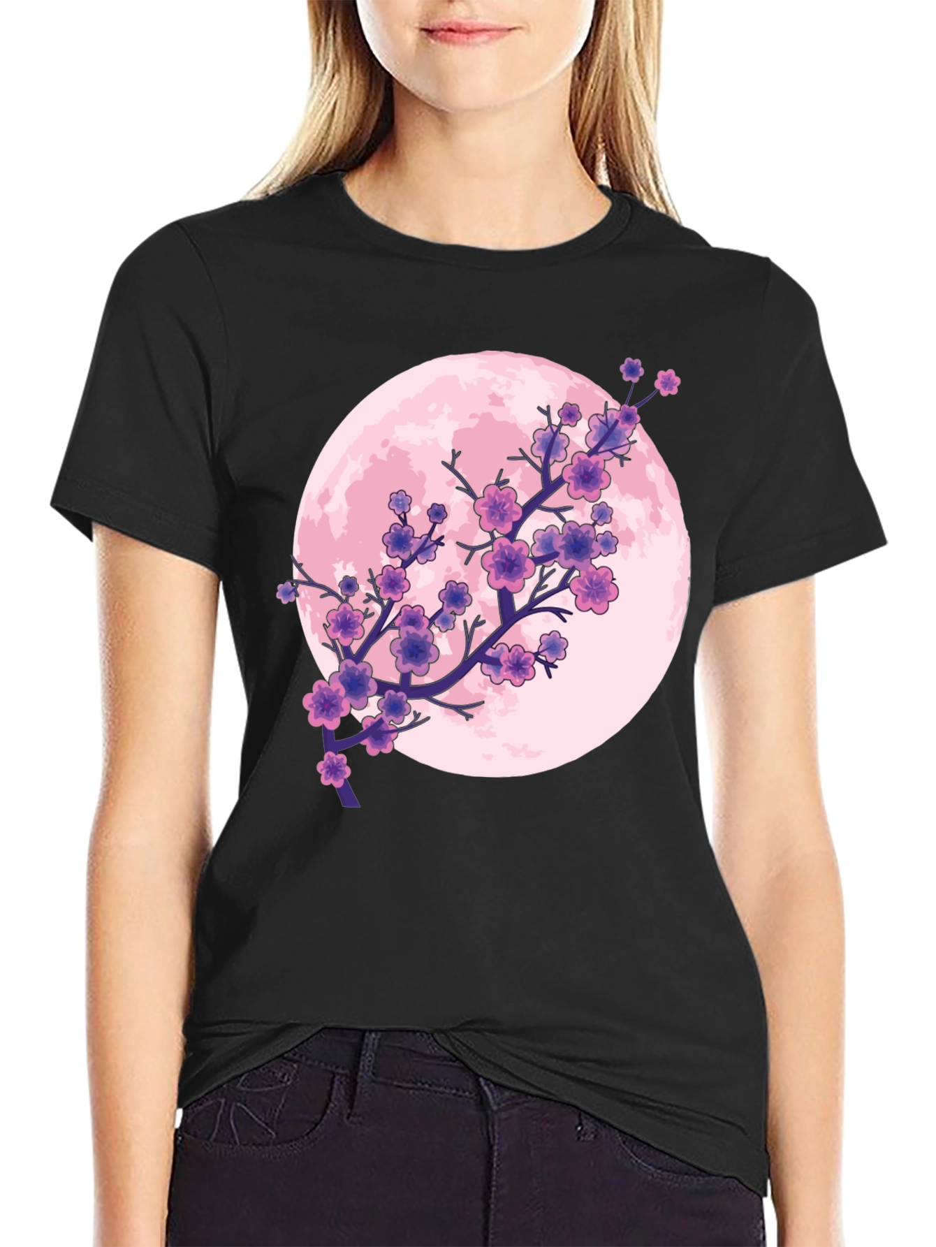 Sakura Moon Graphic T-Shirt - Stylish Blossom Design