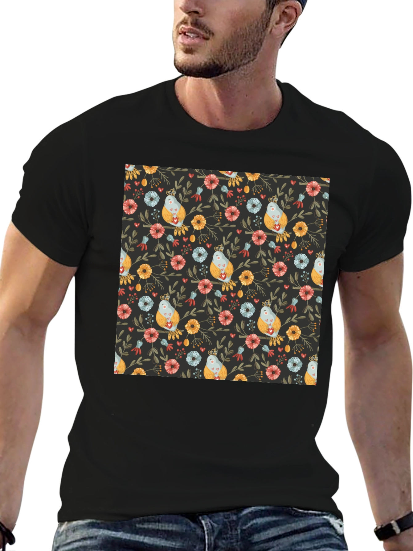 Floral Bird Print Black T-Shirt