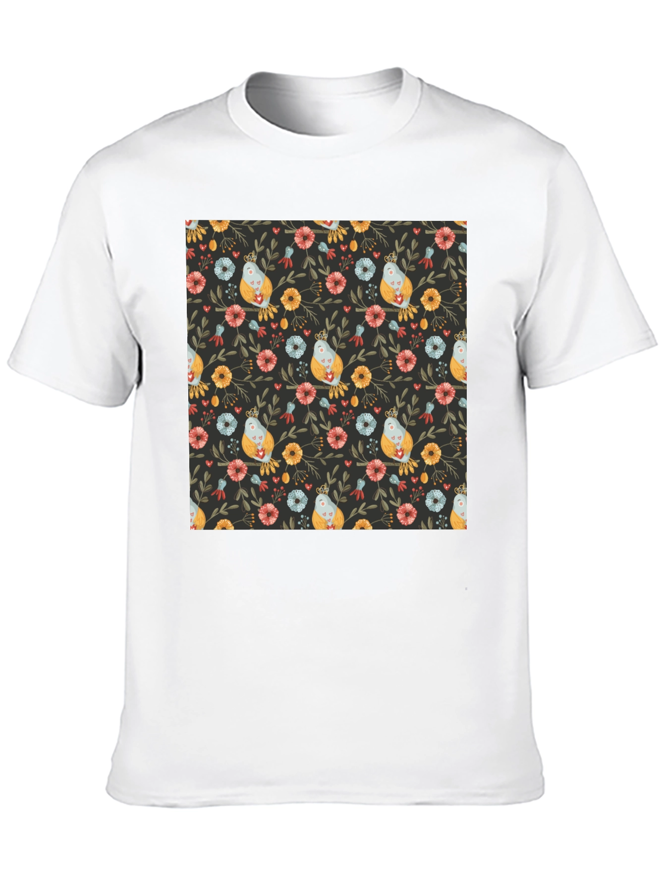 Floral Bird Print Black T-Shirt