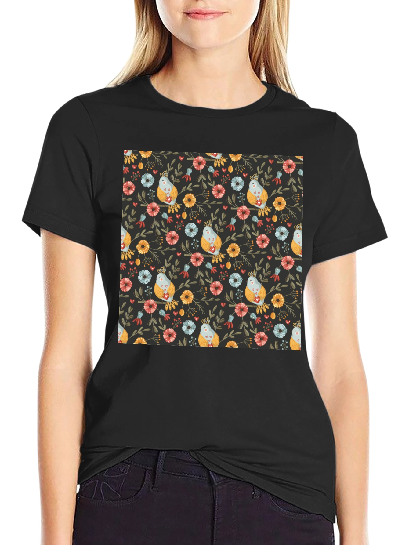 Floral Bird Print Black T-Shirt