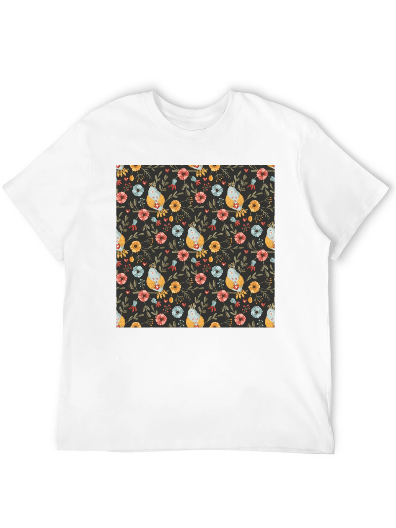 Floral Bird Print Black T-Shirt