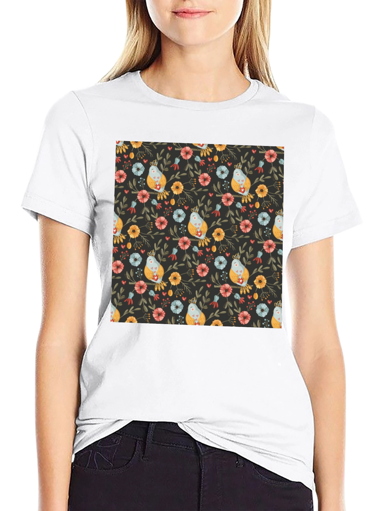 Floral Bird Print Black T-Shirt