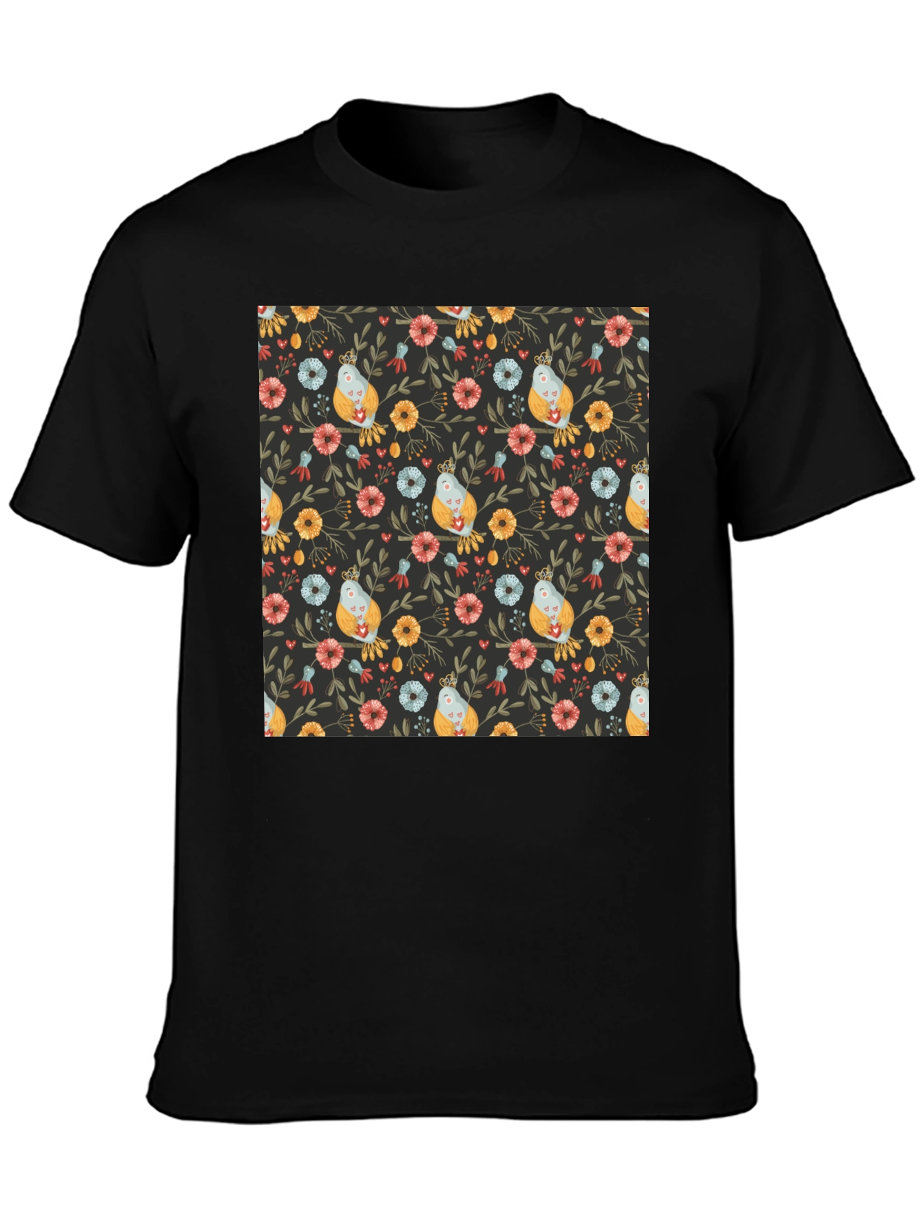 Floral Bird Print Black T-Shirt