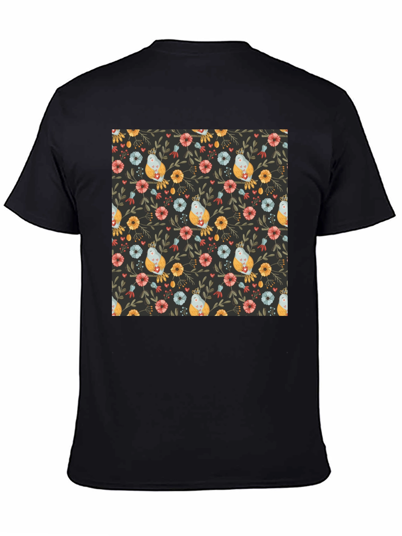 Floral Bird Print Black T-Shirt