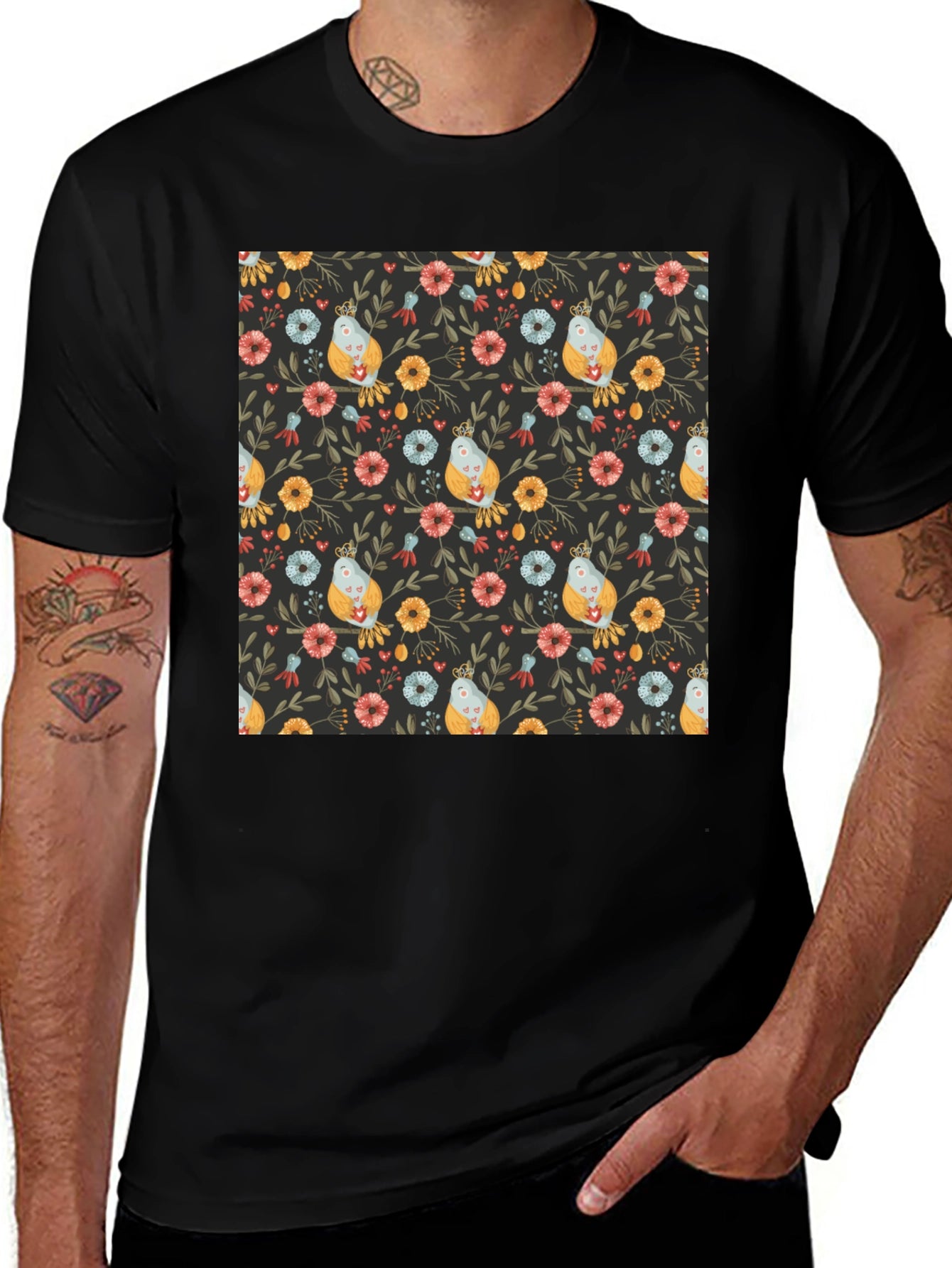 Floral Bird Print Black T-Shirt