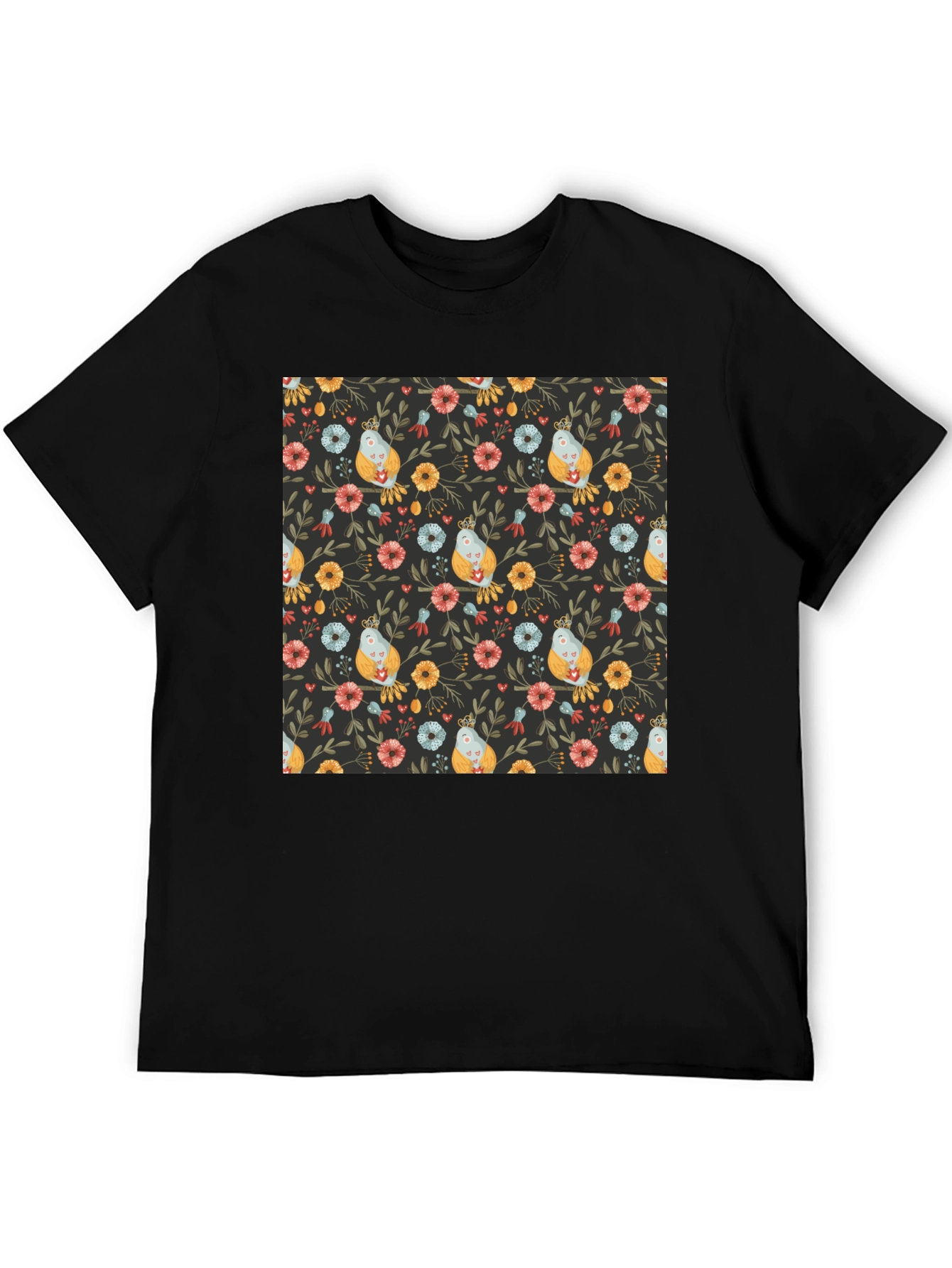Floral Bird Print Black T-Shirt