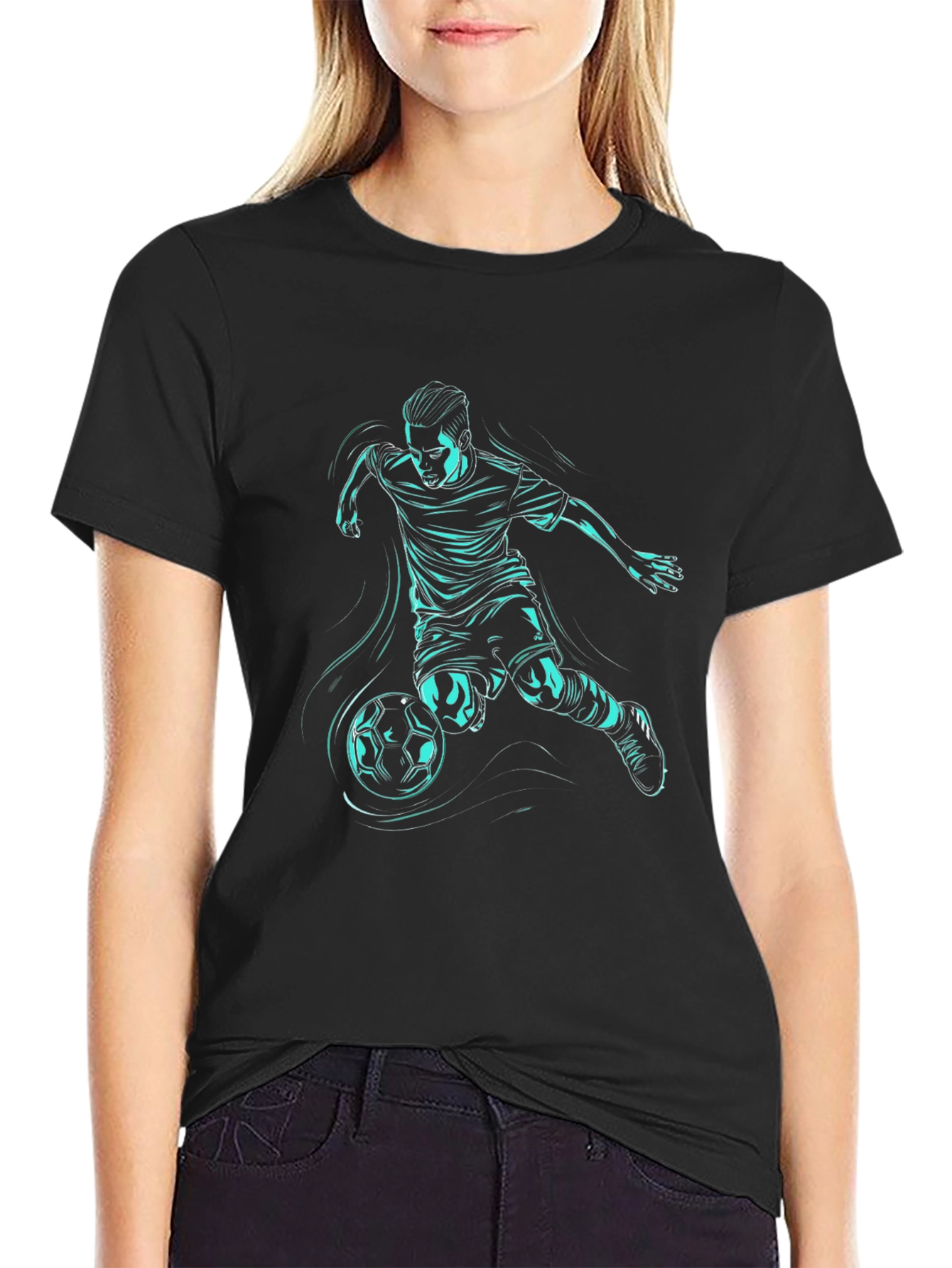 Soccer Player Graphic Tee - Black Cotton Blend T-Shirt