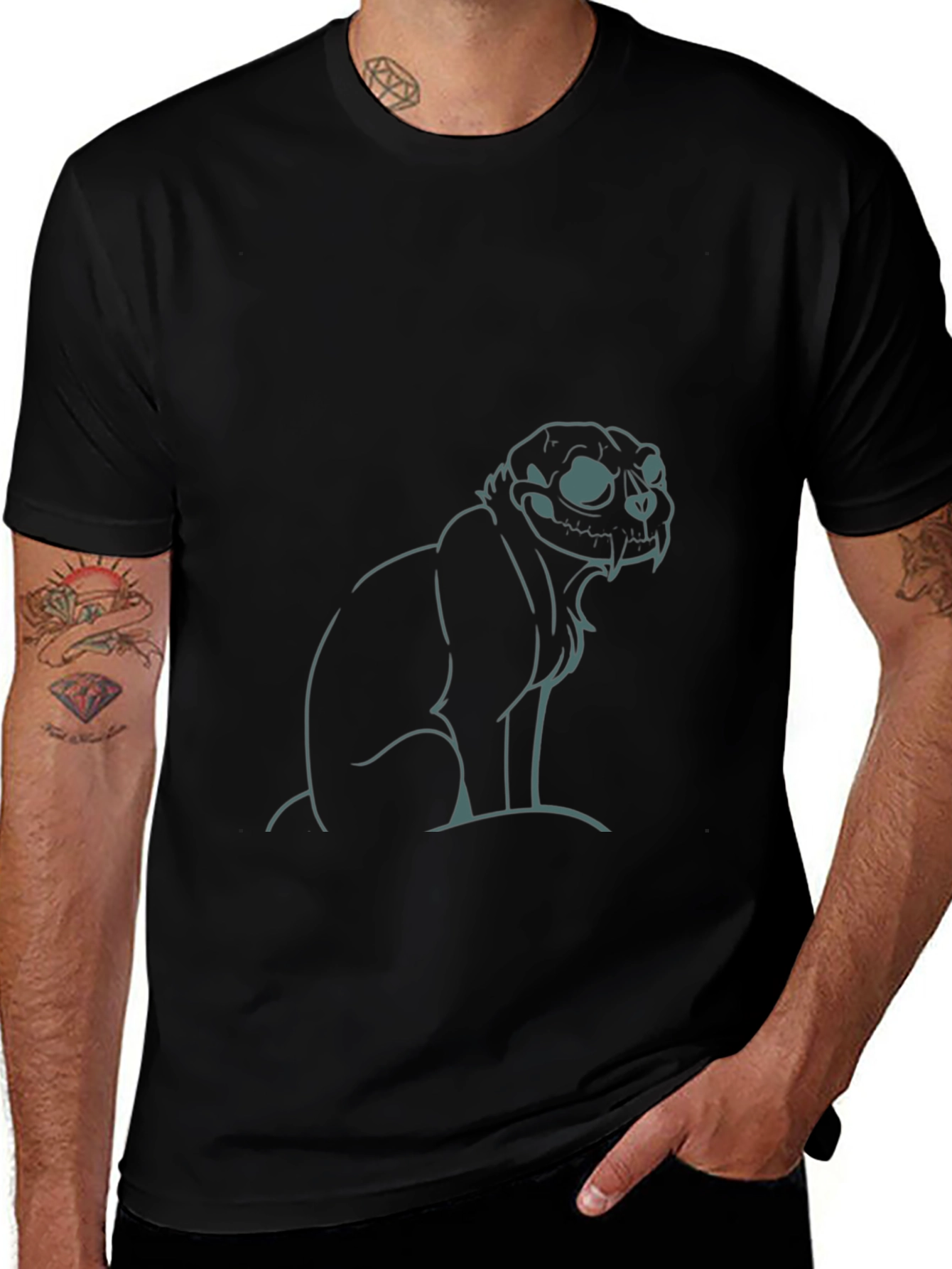 Skull Cat Graphic Tee - Black Cotton T-Shirt