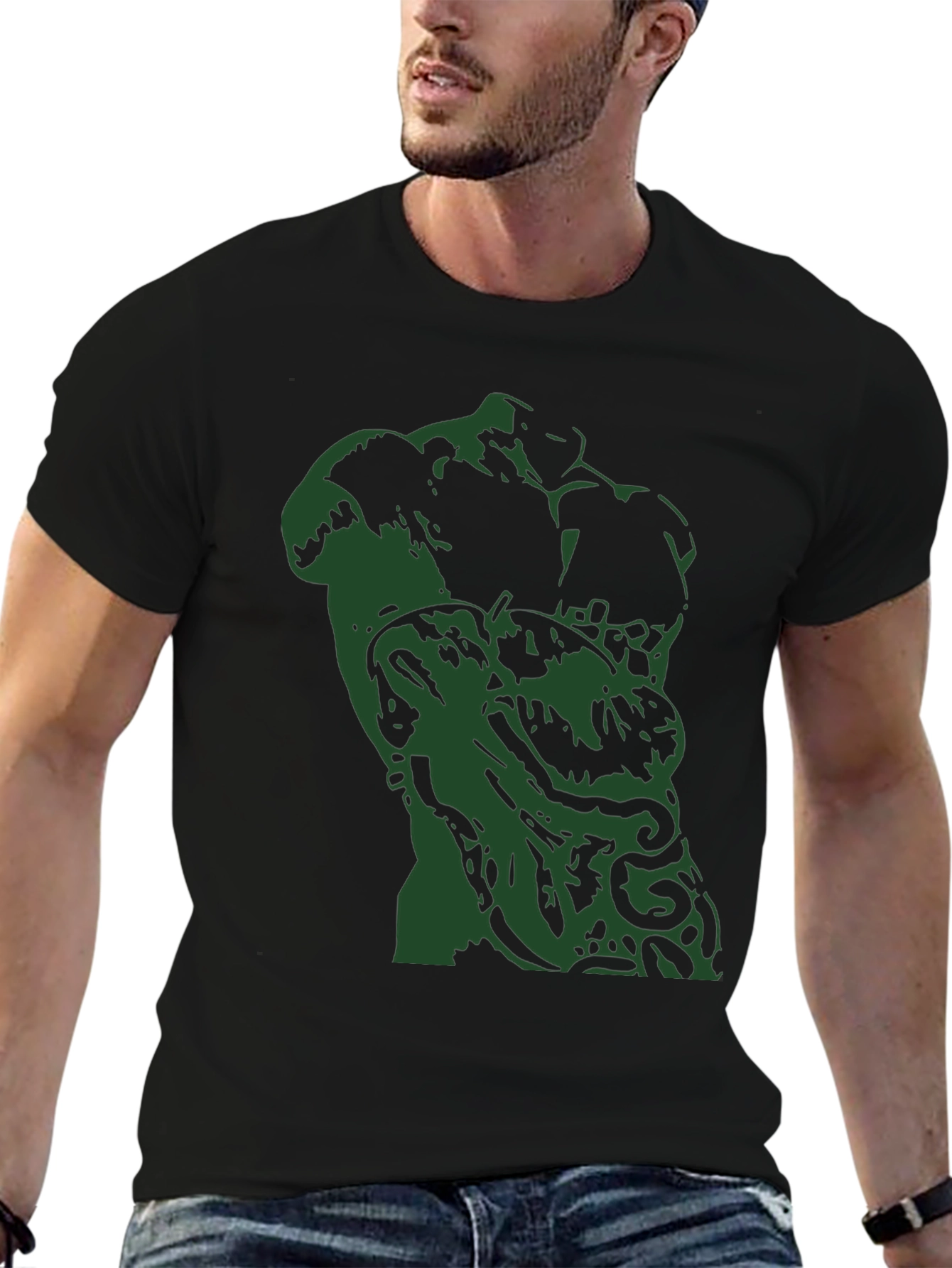 Abstract Green Sculpture Graphic Black T-Shirt
